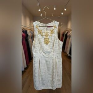 Eliza J Cream Midi Dress with Gold Floral Neckline